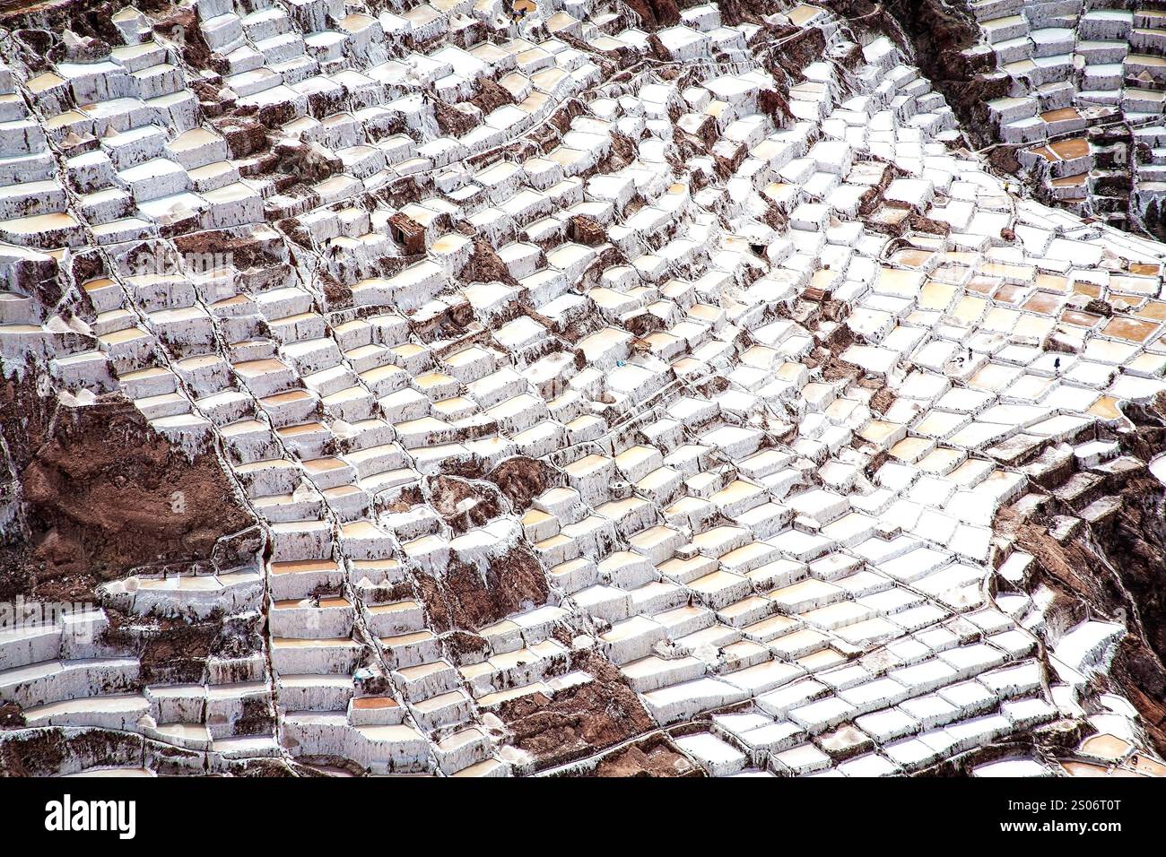 Die Salinen von Maras kaskadieren die Hänge des Berges hinunter und bilden ein atemberaubendes Mosaik aus weiß und Ocker in der Nähe des malerischen Urubamba Valley. Stockfoto