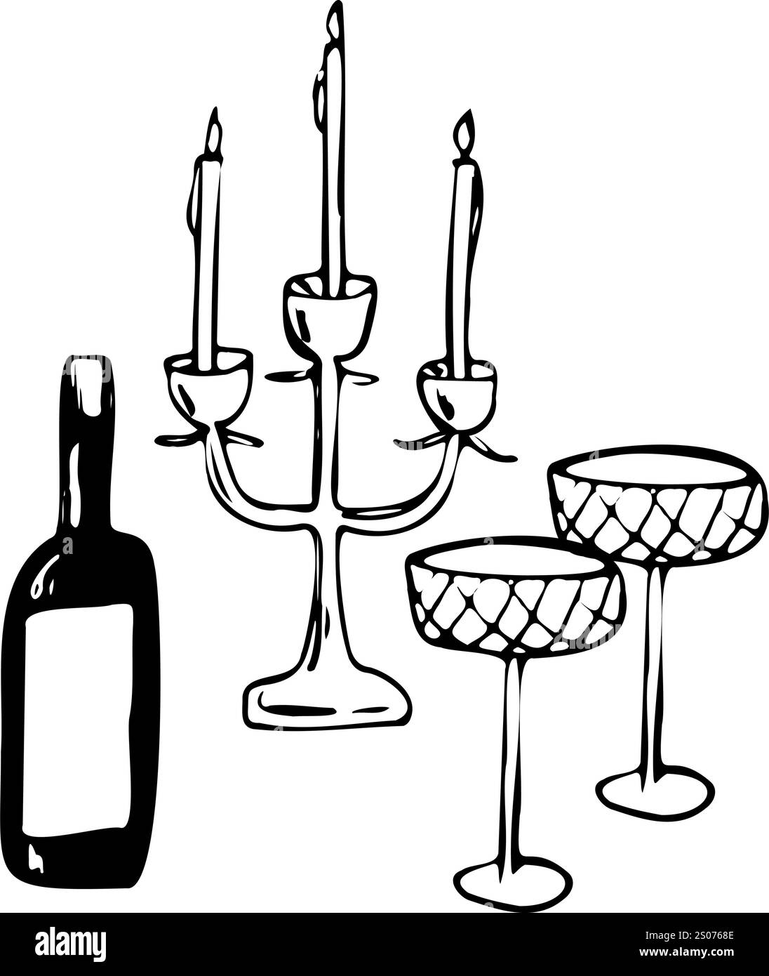 Minimalistische handgezeichnete Vektorlinien-Illustration einer Weinflasche, Kerzenleuchter mit beleuchteten Kerzen und eleganten Gläsern. Perfekt für romantische, festliche Tage Stock Vektor
