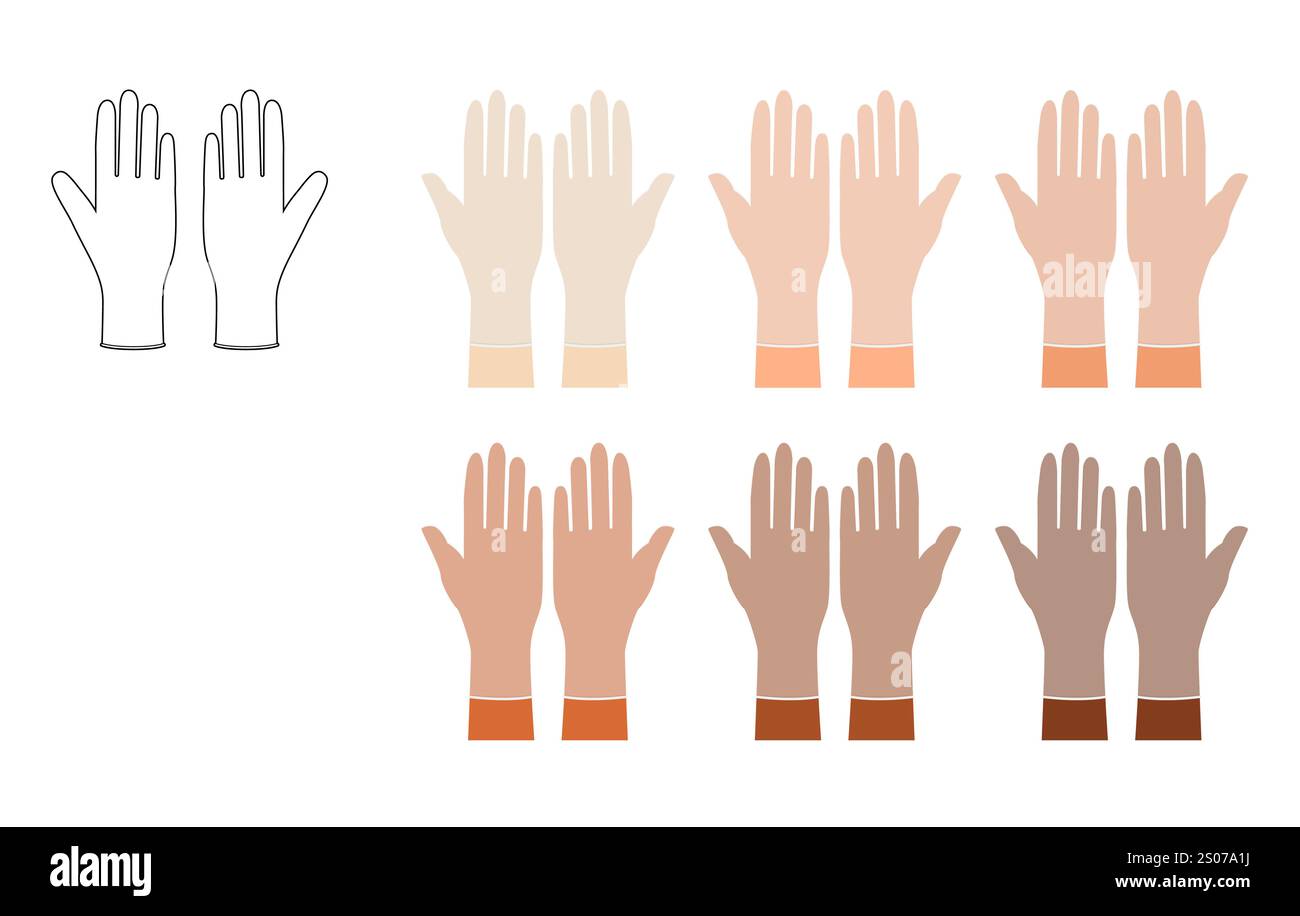 Satz Gummihandschuhe auf verschiedenen Nationalitäten Hände Accessoire Kleidung technische Illustration Kleidung. Vektor-Vorderseite Handfläche Rückansicht für Männer, Frauen, Unisex flache Vorlage Mockup Cartoon Stil Stock Vektor