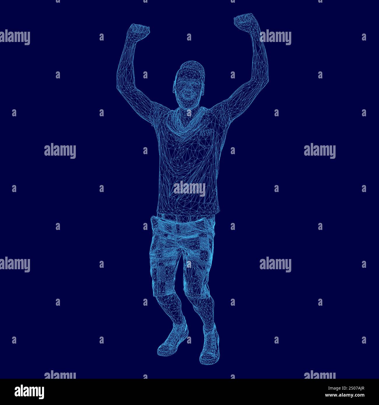 Der Mann springt mit erhobenen Armen in die Luft. Das Bild ist blau und der Mann ist der Hauptfokus Stock Vektor