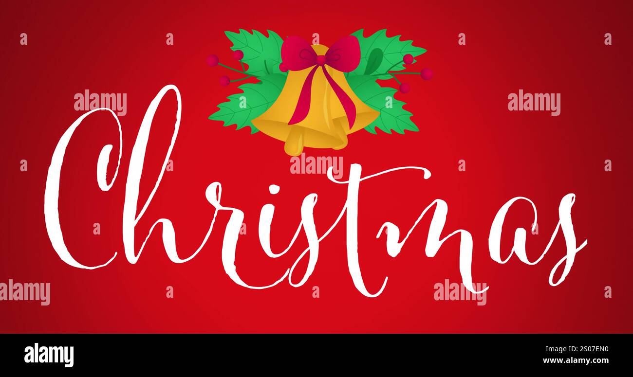 Bild von Bändern auf Glockenblättern, weihnachtstext vor rotem Hintergrund Stockfoto