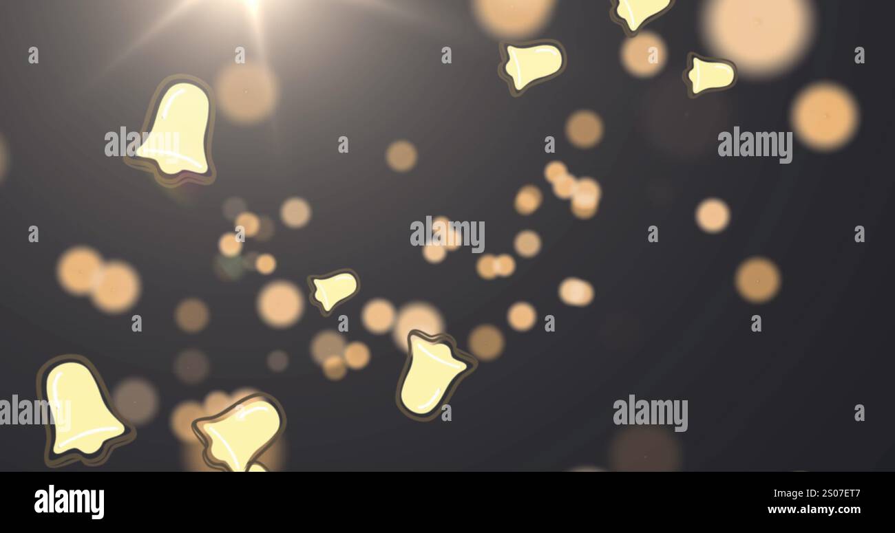 Abbildung mehrerer weihnachtsglockensymbole und Lichtpunkte vor grauem Hintergrund Stockfoto