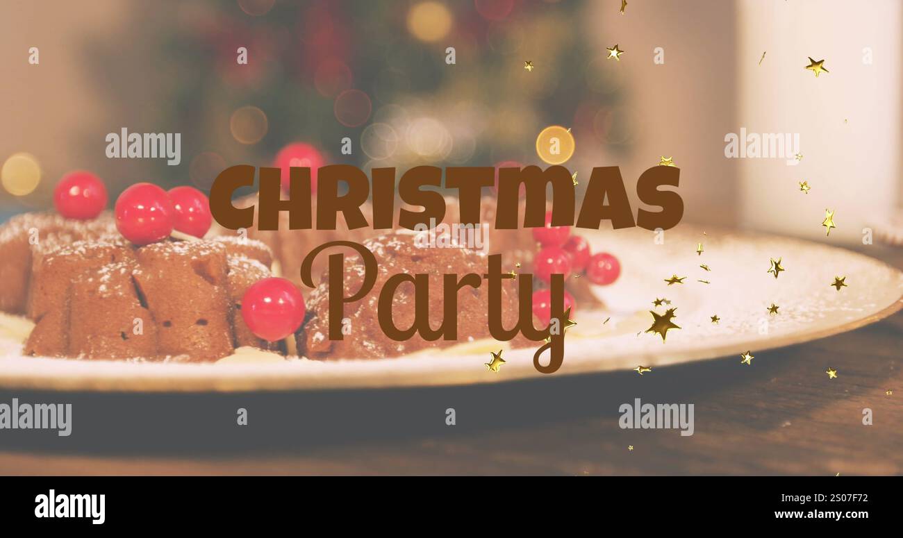 Bild von goldenen Sternen und weihnachtsfeier Textbanner vor Nahaufnahme des weihnachtsdesserts Stockfoto