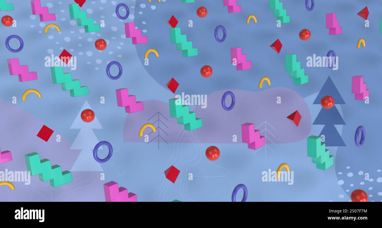 Bild abstrakter farbenfroher Formen in nahtlosem Muster über weihnachtsbaumsymbolen Stockfoto