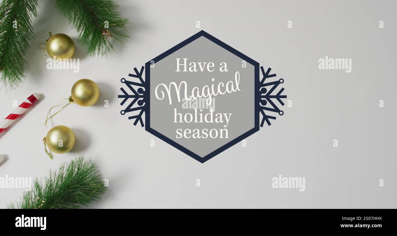 Bild von magischem Text zur weihnachtszeit über weihnachtsdekoration Stockfoto