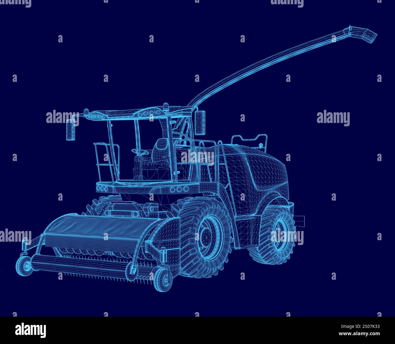 Blaues Bild eines Traktors mit blauem Hintergrund. Der Traktor ist eine große Maschine mit blauem Farbschema Stock Vektor