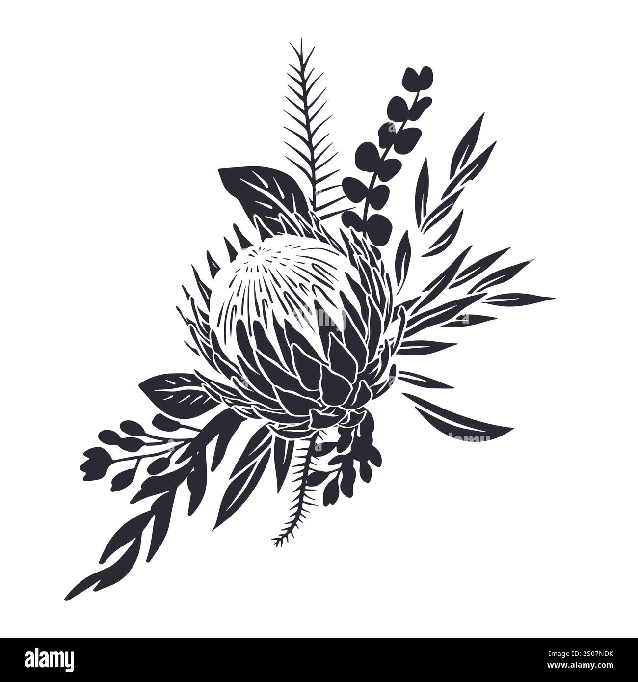 Schwarze Silhouette von tropischen Protea-Blumen und Blättern Bouquet Stock Vektor