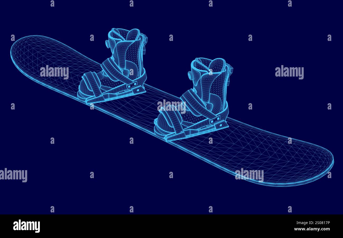 Blaues Snowboard mit zwei Skiern drauf. Das Snowboard ist pixelig Stock Vektor