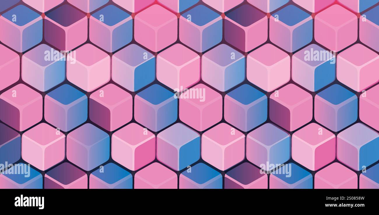 Moderne 3D-Quader-Textur in Blau-, Lila- und Rosa-Tönen gefärbt - Mosaikmuster, bearbeitbares abstraktes geometrisches Hintergrunddesign, Vektor-Tem Stock Vektor