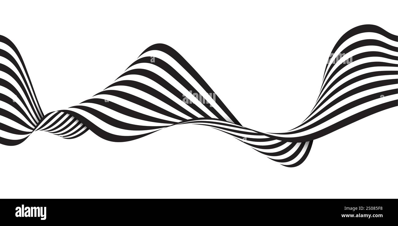 Schwarzweiß isoliert fließende 3D-Streifen, gewellt, kurvig, Shapes Design, kreative abstrakte optische Illusion – das dynamische Muster dreht und dreht ACR Stock Vektor
