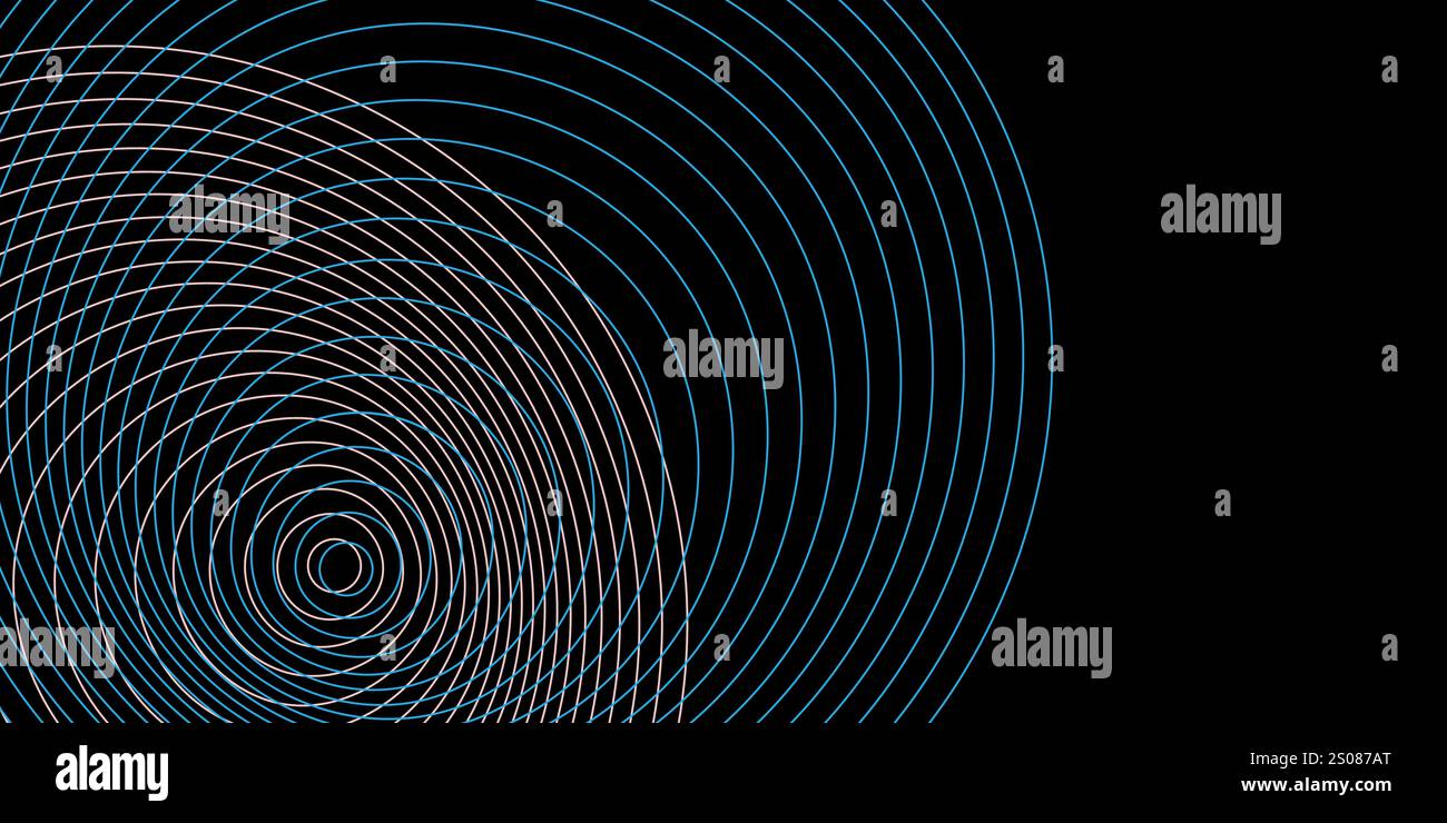 Dunkles Muster konzentrischer Spiralen, die sich allmählich ausdehnen. Blaue und weiße kreisförmige Linien zeichnen sich durch einen kräftigen schwarzen Hintergrund aus, wodurch ein Gefühl von DE entsteht Stock Vektor