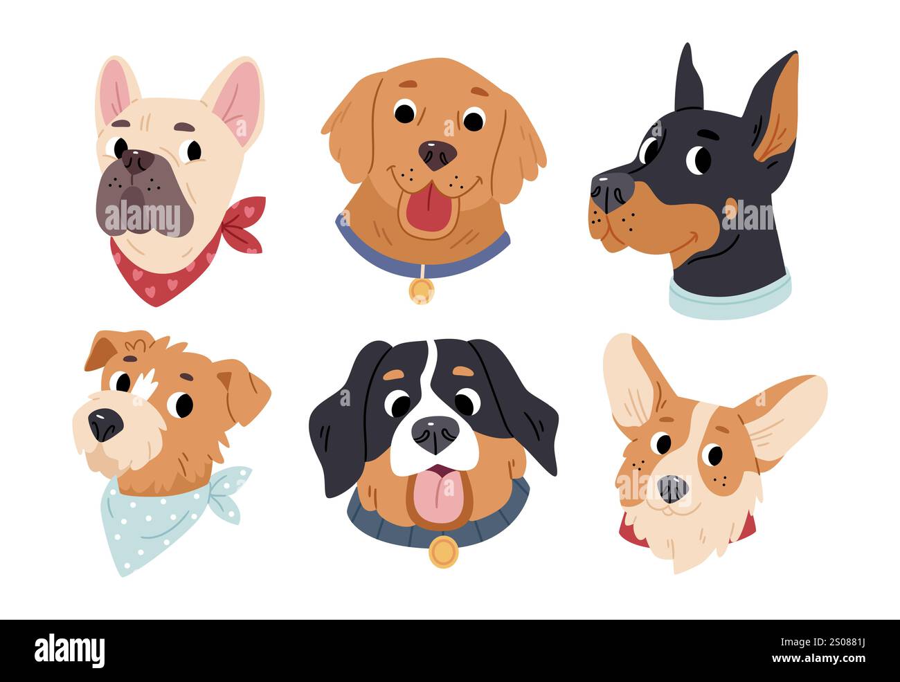 Set aus verschiedenen Hunderassen. Bulldog, Berner Sennenhund, Rottweiler, Doberman, Corgi, Golden Retriever, Labrador. Stock Vektor