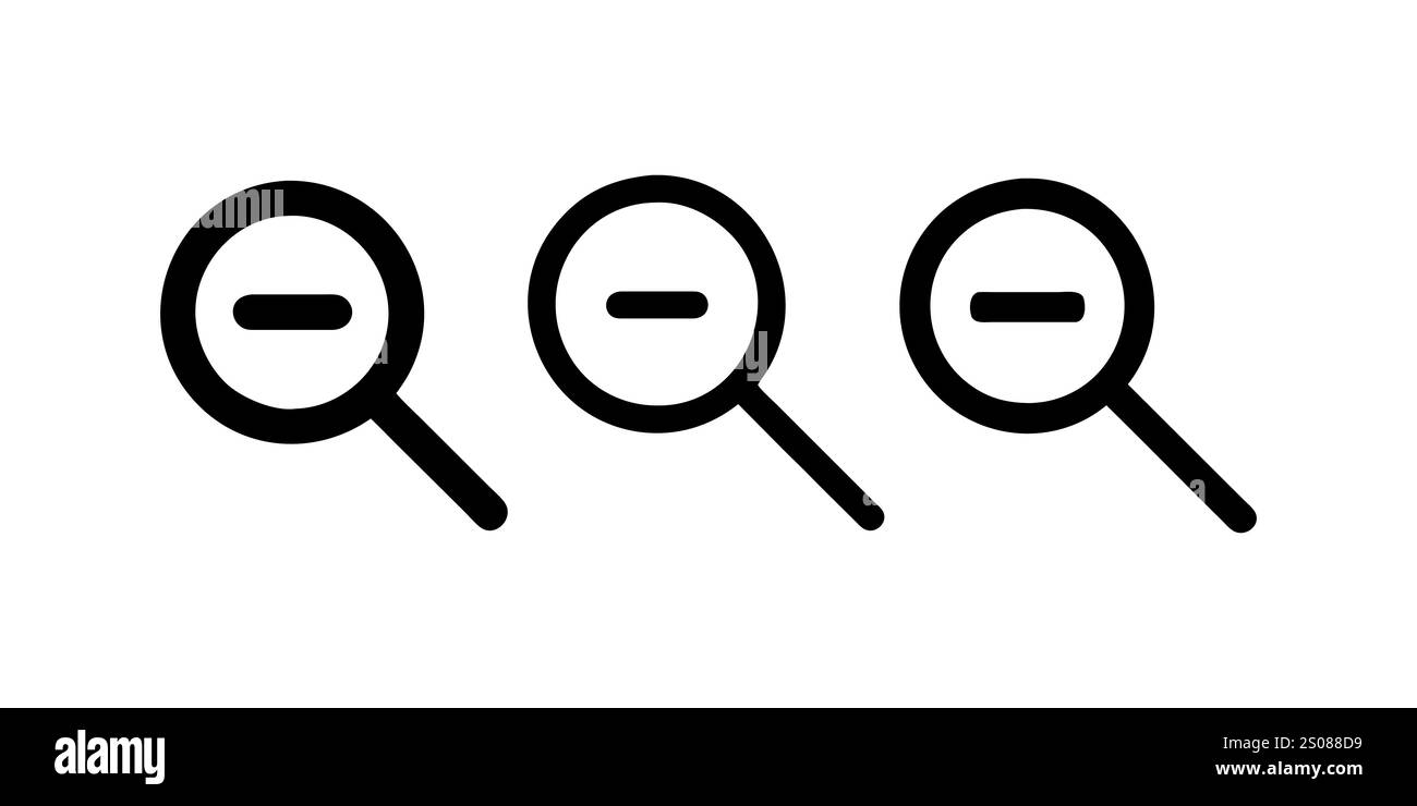 Lupensymbol, Lupensatz, Zoomsymbol, Zoomobjektivzeichen, drei Lupensymbole mit Minuszeichen im Inneren, die den Ausschluss darstellen. Stock Vektor