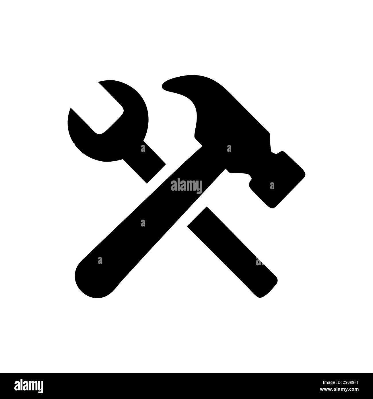 Kreuztes Schlüssel- und Hammersymbol für Wartung oder Reparatur. Symbol für Hammer und Schraubenschlüssel. Schraubenschlüssel und Hammer. Symbol Tools isoliert auf weißem Hintergrund Stock Vektor