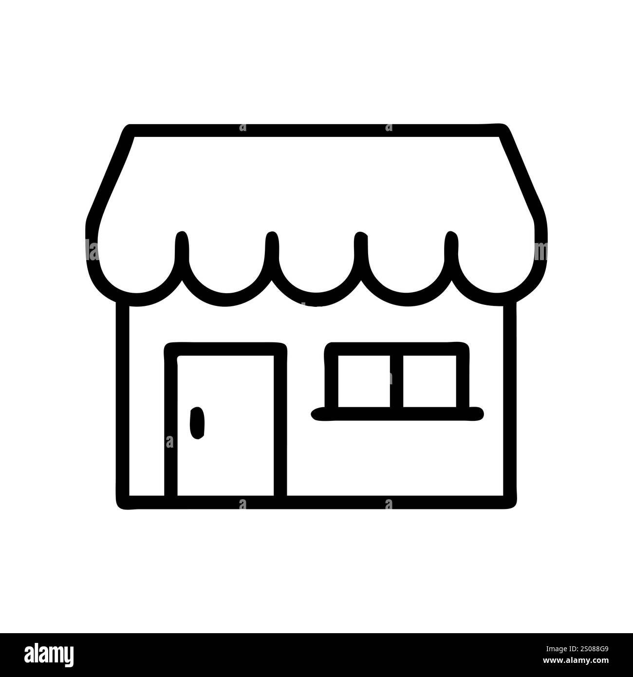 Einfache Umrisse einer Ladenfront. Symbol „Speichern“ einfacher Linienvektor. Bearbeitbare Kontur. Symbol Vektor-Illustration Logo speichern. Isoliert auf weißem Hintergrund. Stock Vektor