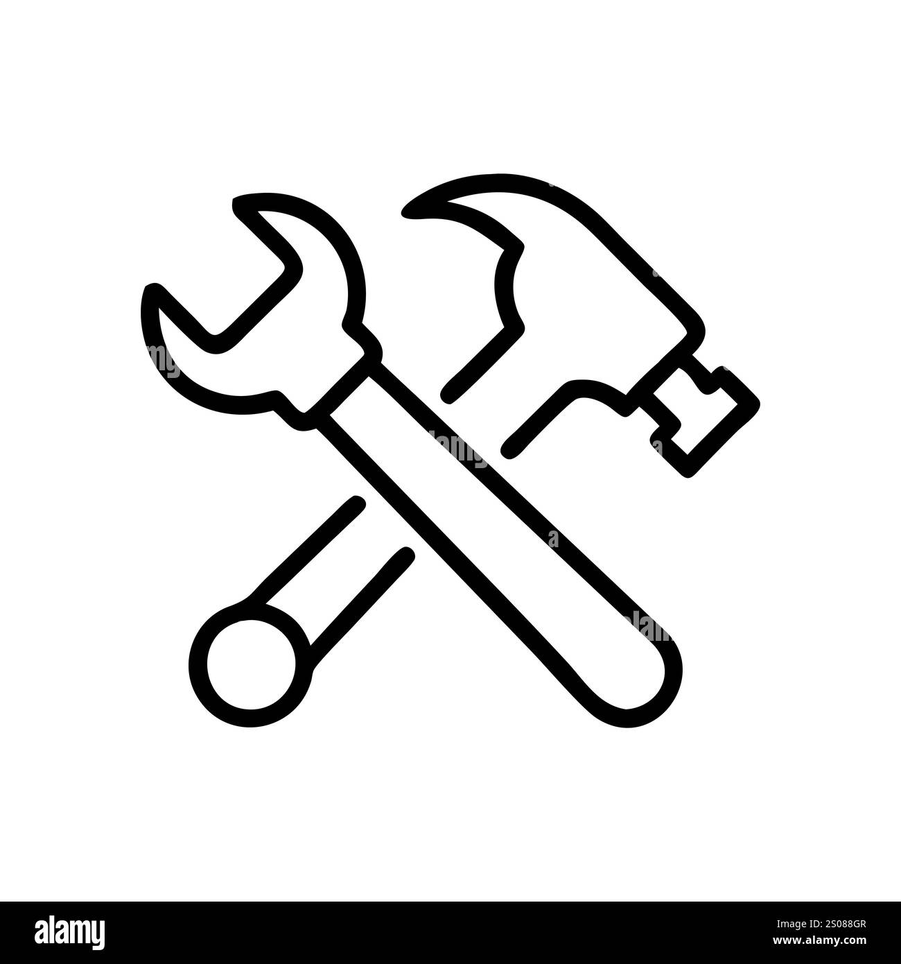 Kreuztes Schlüssel- und Hammersymbol für Wartung oder Reparatur. Symbol für Hammer und Schraubenschlüssel. Schraubenschlüssel und Hammer. Symbol Tools isoliert auf weißem Hintergrund Stock Vektor
