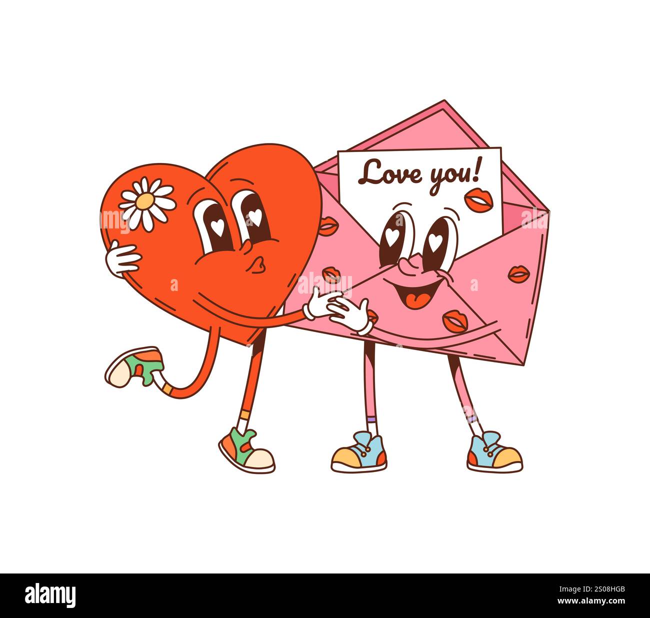 Cartoon-groovige valentinstag-Figur küsst mit Herz. Isolierte Vektor Vintage-Weihnachtspost oder Brief Retro-Persönlichkeiten erleben Liebe, Freude und Zuneigung, romantisches Symbol oder liebevolle Botschaft Stock Vektor