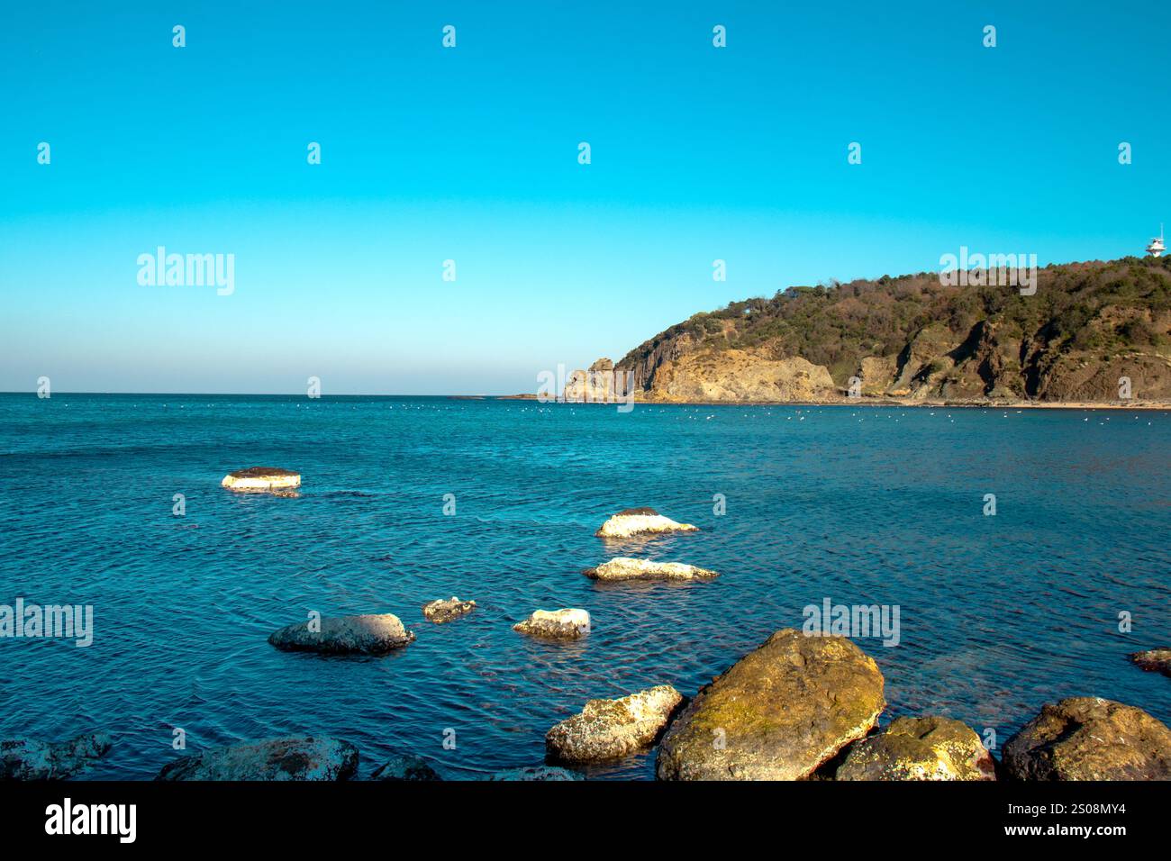 Querformat. Blaues Meer und Himmel. Felsige Küste, Blick auf die Natur. Unberührte Strände von Istanbul. Kopierbereich, leer, leer. Horizontales Foto. Keine Menschen, niemand. Stockfoto