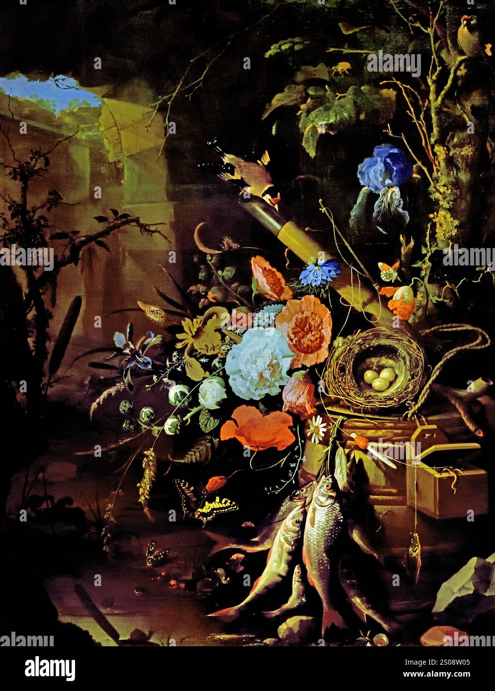 Still Live with Flowers, Fish, and a Birds Nest, 1660 von Abraham Mignon 1640-1679 German Dutch, Niederlande. Stockfoto