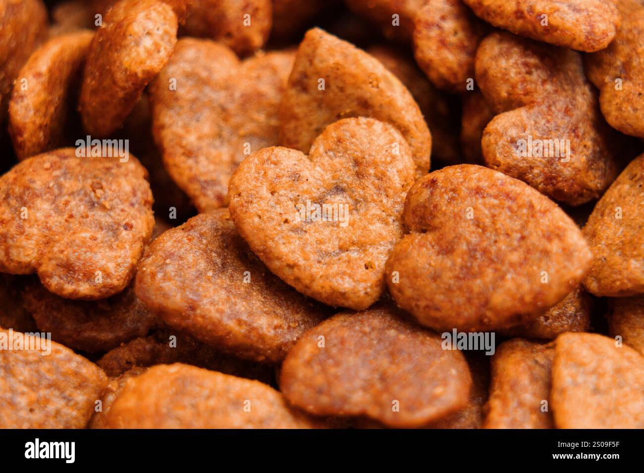 Herzförmige Katzenjause für ausgewogene Ernährung mit gesunden getreidefreien Zutaten. Goldbraune Farbe und knusprige Textur. Haustiergesundheitskonzept. Stockfoto