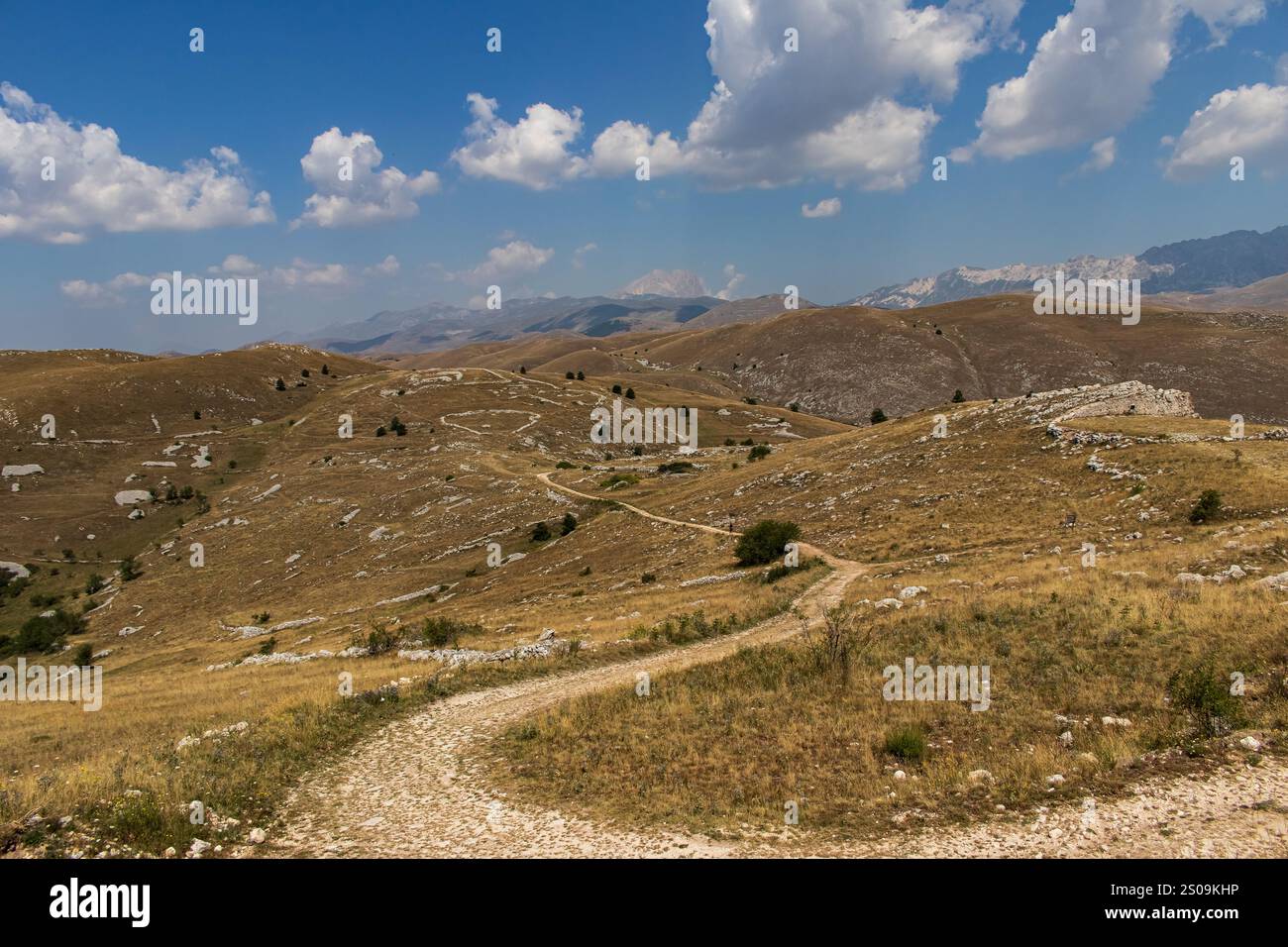 Farbenfrohe Landschaft mit sanften Hügeln unter einem pulsierenden Himmel, mit fernen Bergen, die eine ruhige und majestätische Naturlandschaft schaffen Stockfoto