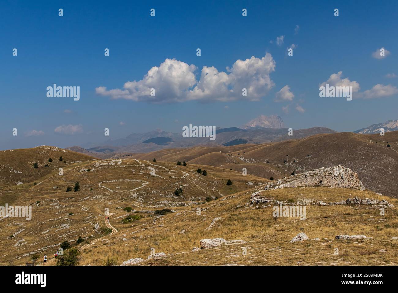 Farbenfrohe Landschaft mit sanften Hügeln unter einem pulsierenden Himmel, mit fernen Bergen, die eine ruhige und majestätische Naturlandschaft schaffen Stockfoto