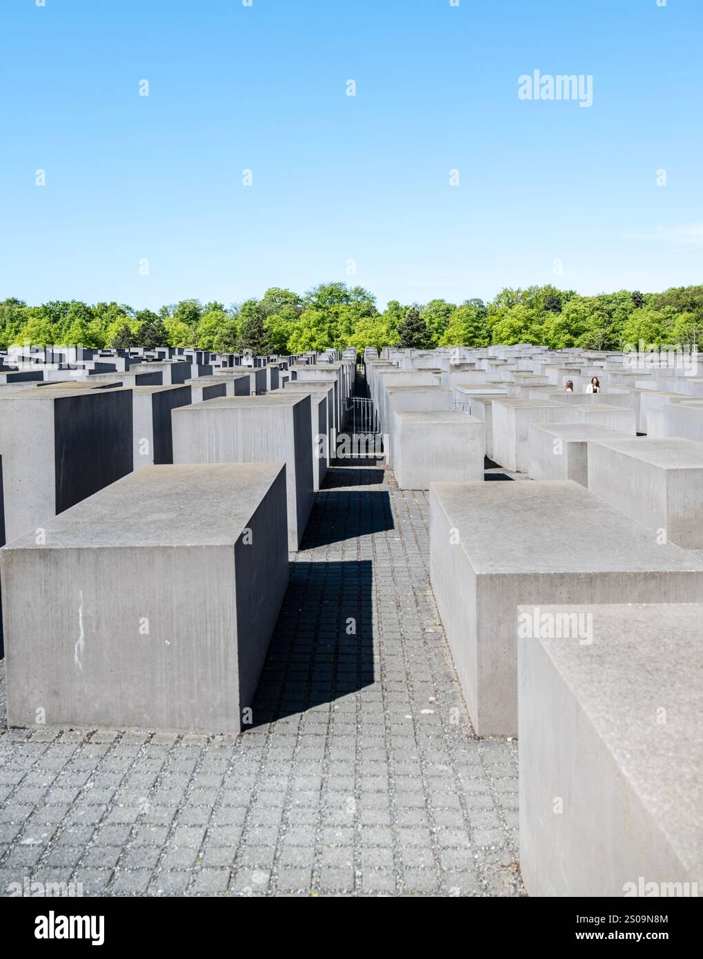 Ikonischer Blick auf das Holocaust-Denkmal in Berlin, Deutschland, mit seinen Betonplatten unter einem klaren blauen Himmel. Eine ergreifende Erinnerung an die Geschichte und ein Symbol Stockfoto