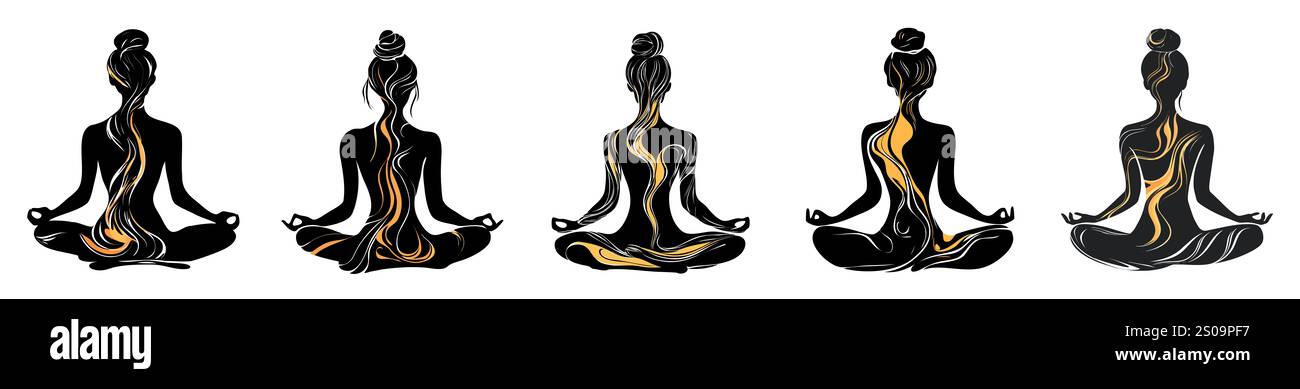 Weibliche Silhuette in Meditation. Friedliche Figur in Yoga-Lotuspose. Modernes und isoliertes Clipart auf transparentem Hintergrund. Stockfoto