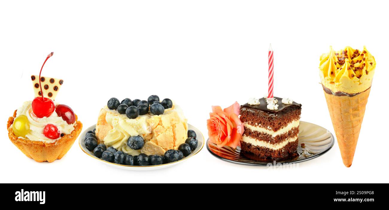 Süßes Gebäck und andere Desserts isoliert auf weißem Hintergrund. Breites Foto. Collage. Freier Platz für Text. Stockfoto