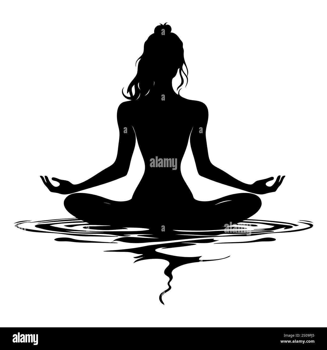 Weibliche Silhuette in Meditation. Friedliche Figur in Yoga-Lotuspose. Modernes und isoliertes Clipart auf transparentem Hintergrund. Stockfoto