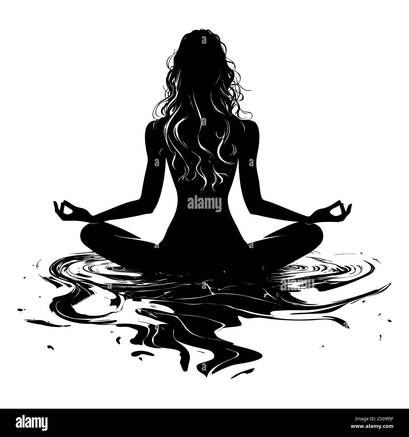 Weibliche Silhuette in Meditation. Friedliche Figur in Yoga-Lotuspose. Modernes und isoliertes Clipart auf transparentem Hintergrund. Stockfoto