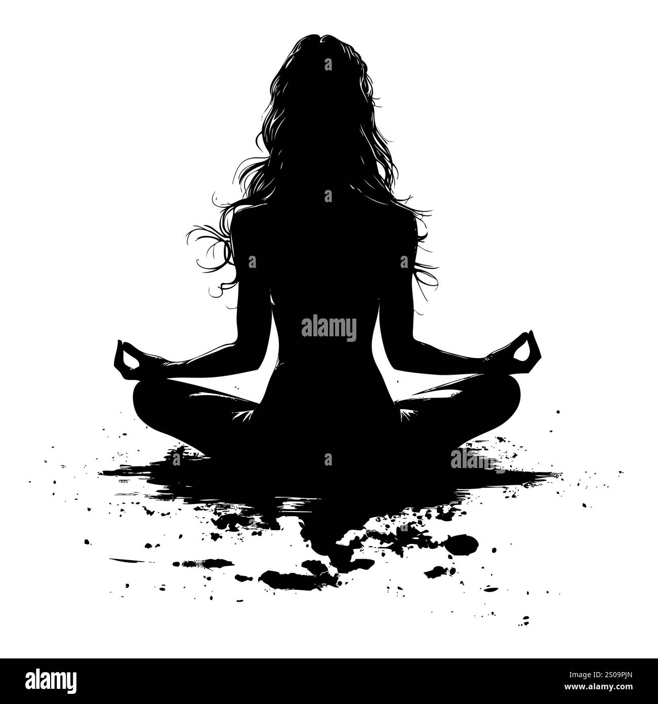 Weibliche Silhuette in Meditation. Friedliche Figur in Yoga-Lotuspose. Modernes und isoliertes Clipart auf transparentem Hintergrund. Stockfoto
