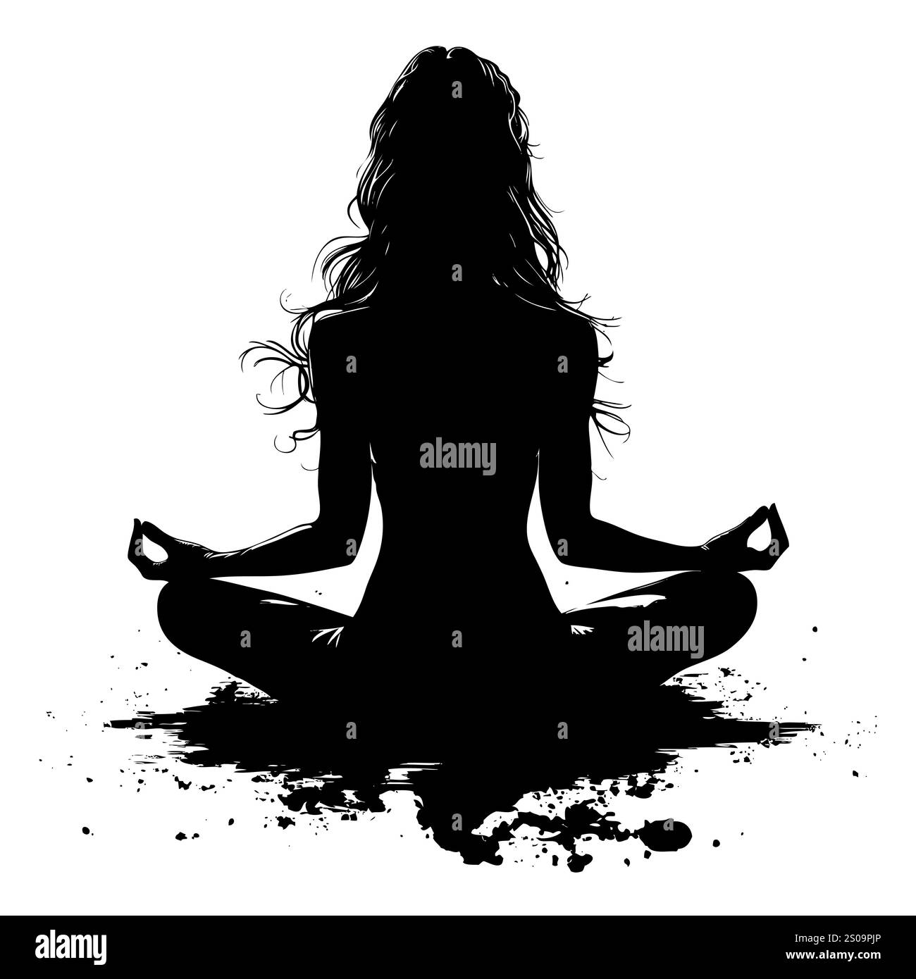 Weibliche Silhuette in Meditation. Friedliche Figur in Yoga-Lotuspose. Modernes und isoliertes Clipart auf transparentem Hintergrund. Stockfoto