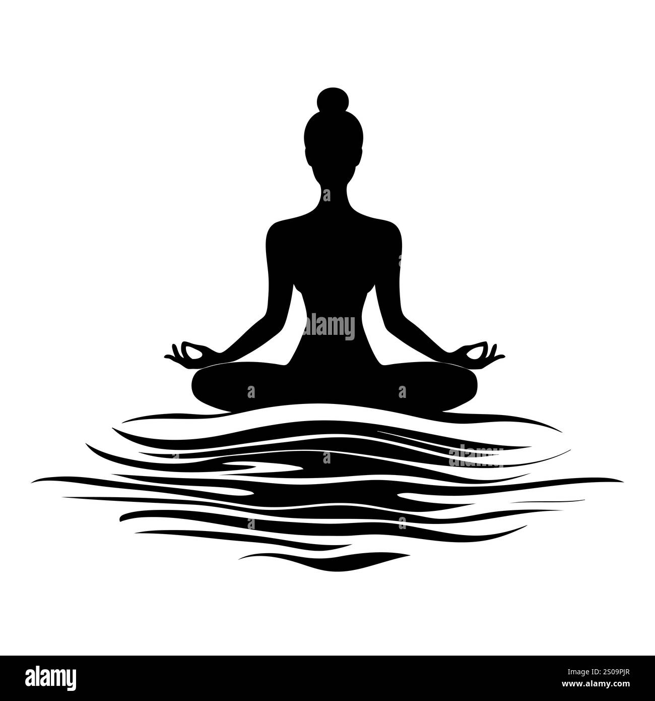 Weibliche Silhuette in Meditation. Friedliche Figur in Yoga-Lotuspose. Modernes und isoliertes Clipart auf transparentem Hintergrund. Stockfoto