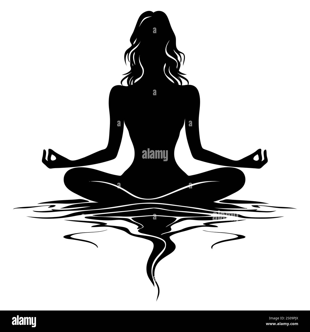Weibliche Silhuette in Meditation. Friedliche Figur in Yoga-Lotuspose. Modernes und isoliertes Clipart auf transparentem Hintergrund. Stockfoto