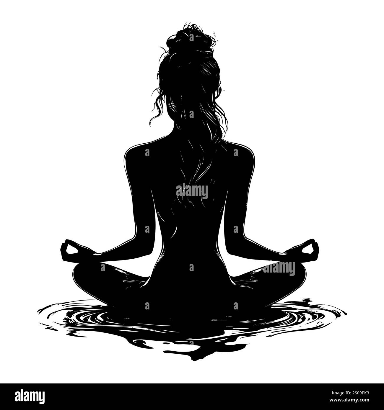 Weibliche Silhuette in Meditation. Friedliche Figur in Yoga-Lotuspose. Modernes und isoliertes Clipart auf transparentem Hintergrund. Stockfoto