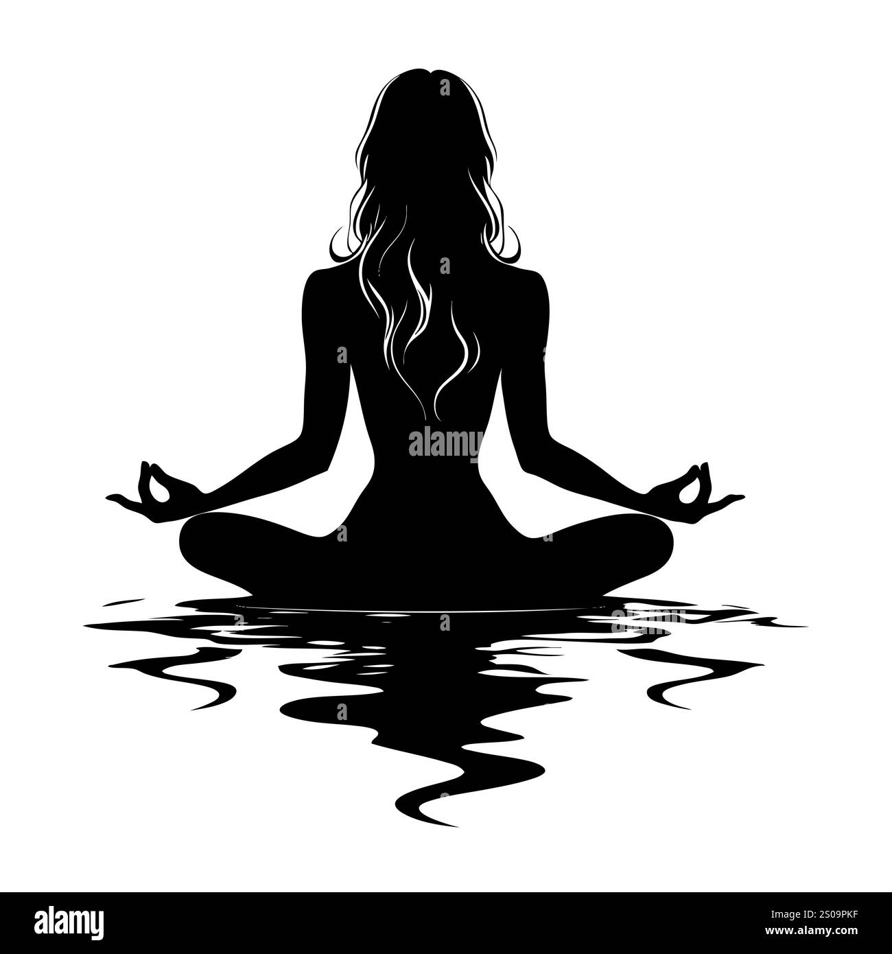 Weibliche Silhuette in Meditation. Friedliche Figur in Yoga-Lotuspose. Modernes und isoliertes Clipart auf transparentem Hintergrund. Stockfoto