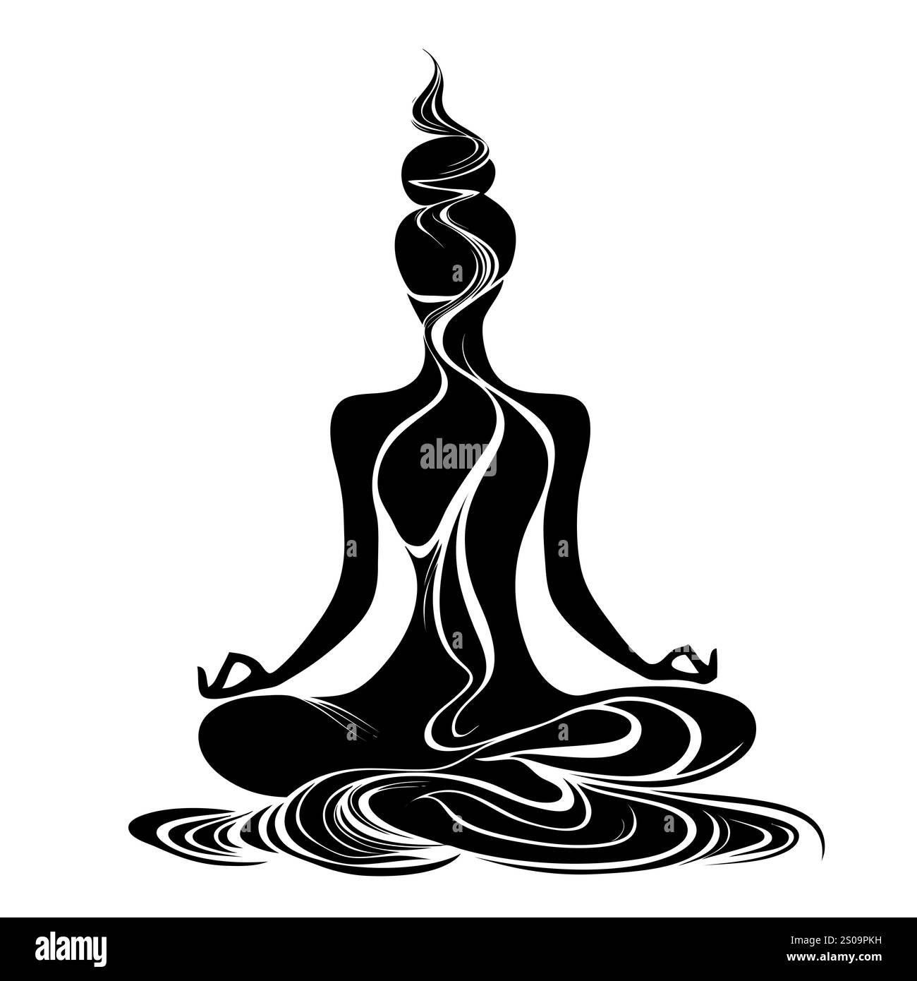 Weibliche Silhuette in Meditation. Friedliche Figur in Yoga-Lotuspose. Modernes und isoliertes Clipart auf transparentem Hintergrund. Stockfoto
