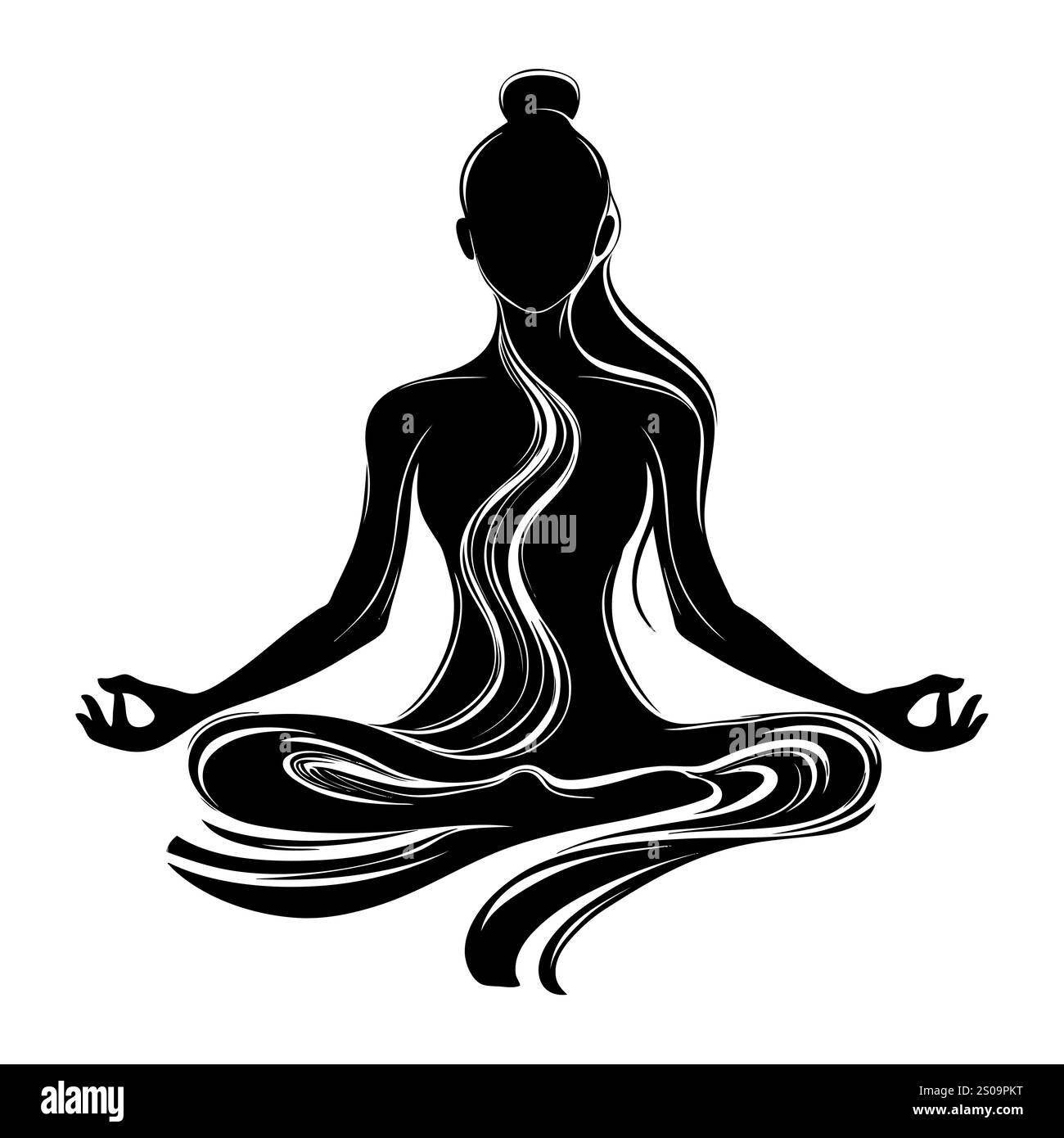 Weibliche Silhuette in Meditation. Friedliche Figur in Yoga-Lotuspose. Modernes und isoliertes Clipart auf transparentem Hintergrund. Stockfoto