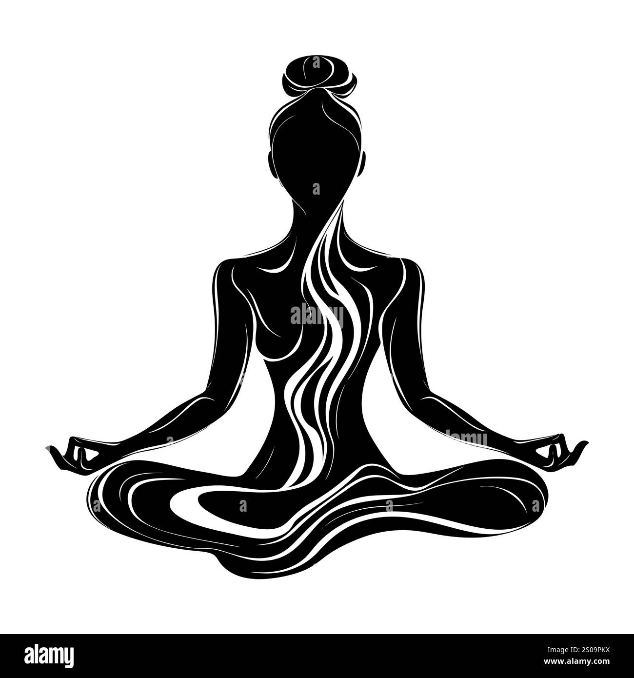 Weibliche Silhuette in Meditation. Friedliche Figur in Yoga-Lotuspose. Modernes und isoliertes Clipart auf transparentem Hintergrund. Stockfoto