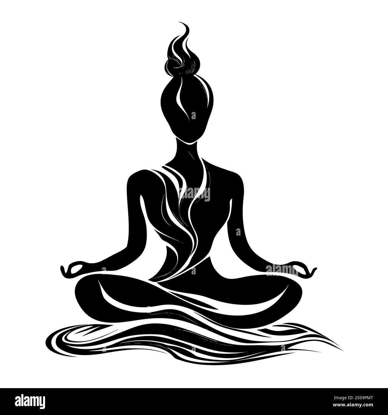 Weibliche Silhuette in Meditation. Friedliche Figur in Yoga-Lotuspose. Modernes und isoliertes Clipart auf transparentem Hintergrund. Stockfoto