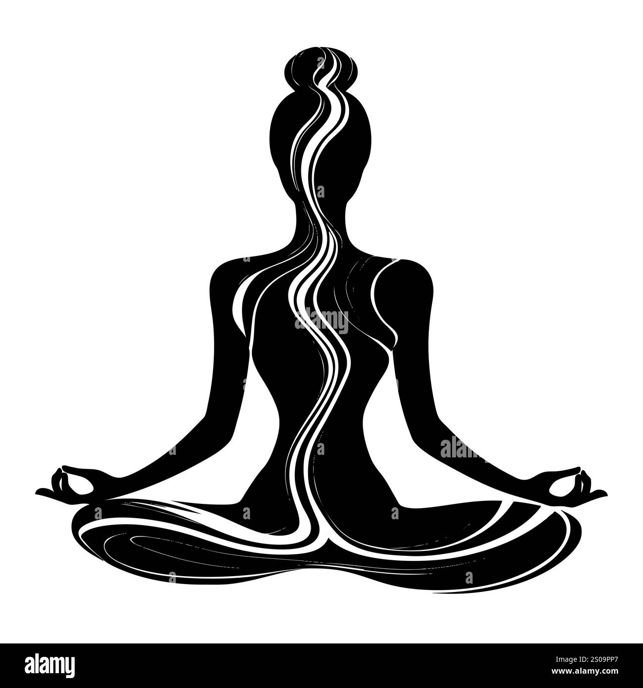 Weibliche Silhuette in Meditation. Friedliche Figur in Yoga-Lotuspose. Modernes und isoliertes Clipart auf transparentem Hintergrund. Stockfoto