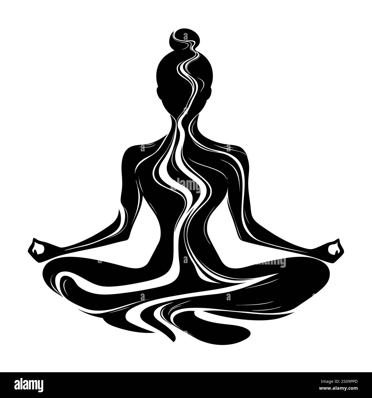 Weibliche Silhuette in Meditation. Friedliche Figur in Yoga-Lotuspose. Modernes und isoliertes Clipart auf transparentem Hintergrund. Stockfoto