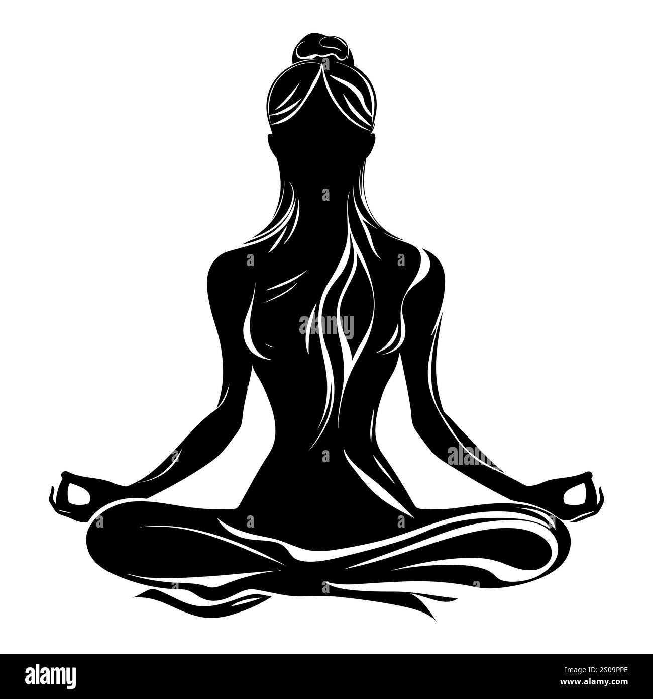 Weibliche Silhuette in Meditation. Friedliche Figur in Yoga-Lotuspose. Modernes und isoliertes Clipart auf transparentem Hintergrund. Stockfoto