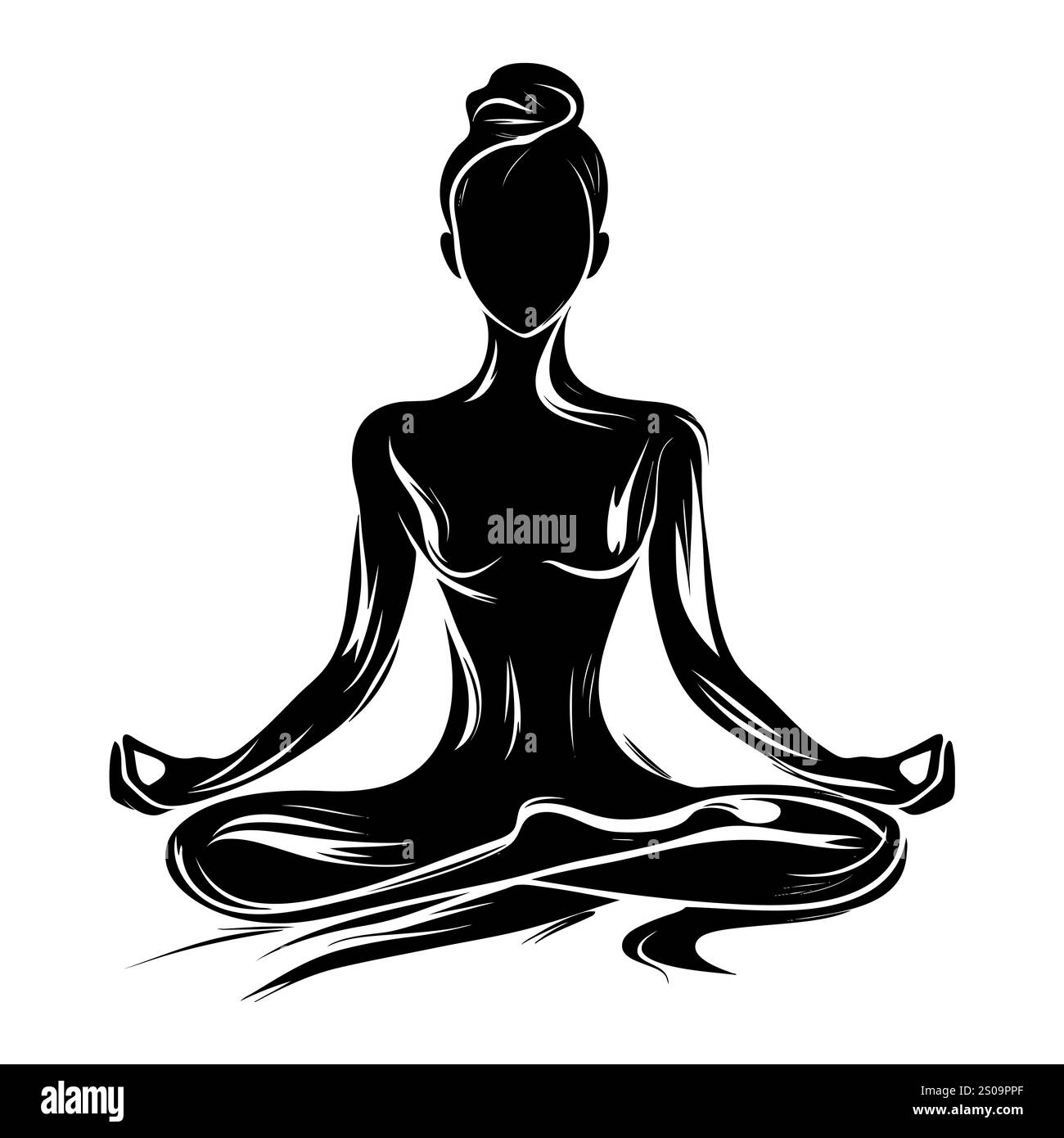 Weibliche Silhuette in Meditation. Friedliche Figur in Yoga-Lotuspose. Modernes und isoliertes Clipart auf transparentem Hintergrund. Stockfoto