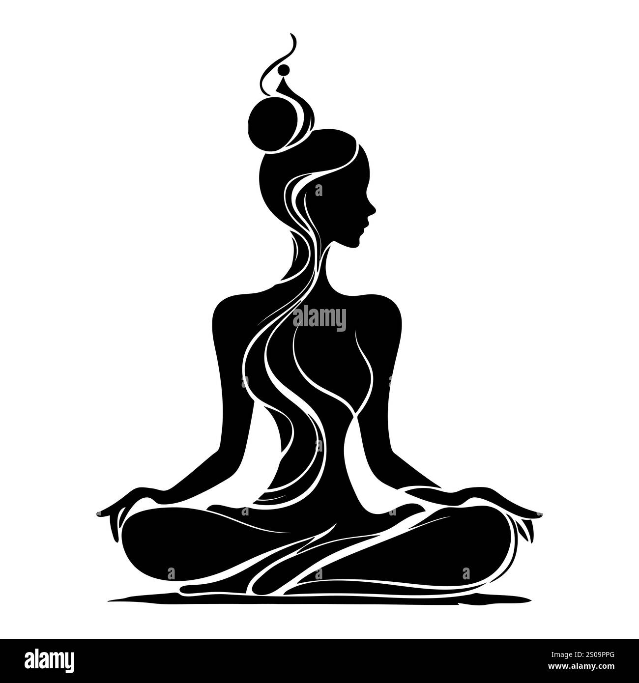 Weibliche Silhuette in Meditation. Friedliche Figur in Yoga-Lotuspose. Modernes und isoliertes Clipart auf transparentem Hintergrund. Stockfoto