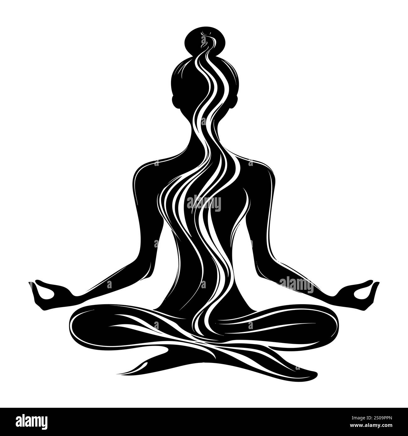Weibliche Silhuette in Meditation. Friedliche Figur in Yoga-Lotuspose. Modernes und isoliertes Clipart auf transparentem Hintergrund. Stockfoto
