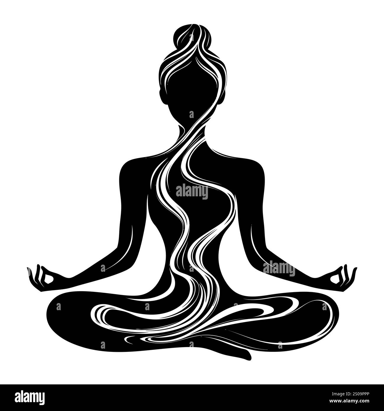 Weibliche Silhuette in Meditation. Friedliche Figur in Yoga-Lotuspose. Modernes und isoliertes Clipart auf transparentem Hintergrund. Stockfoto
