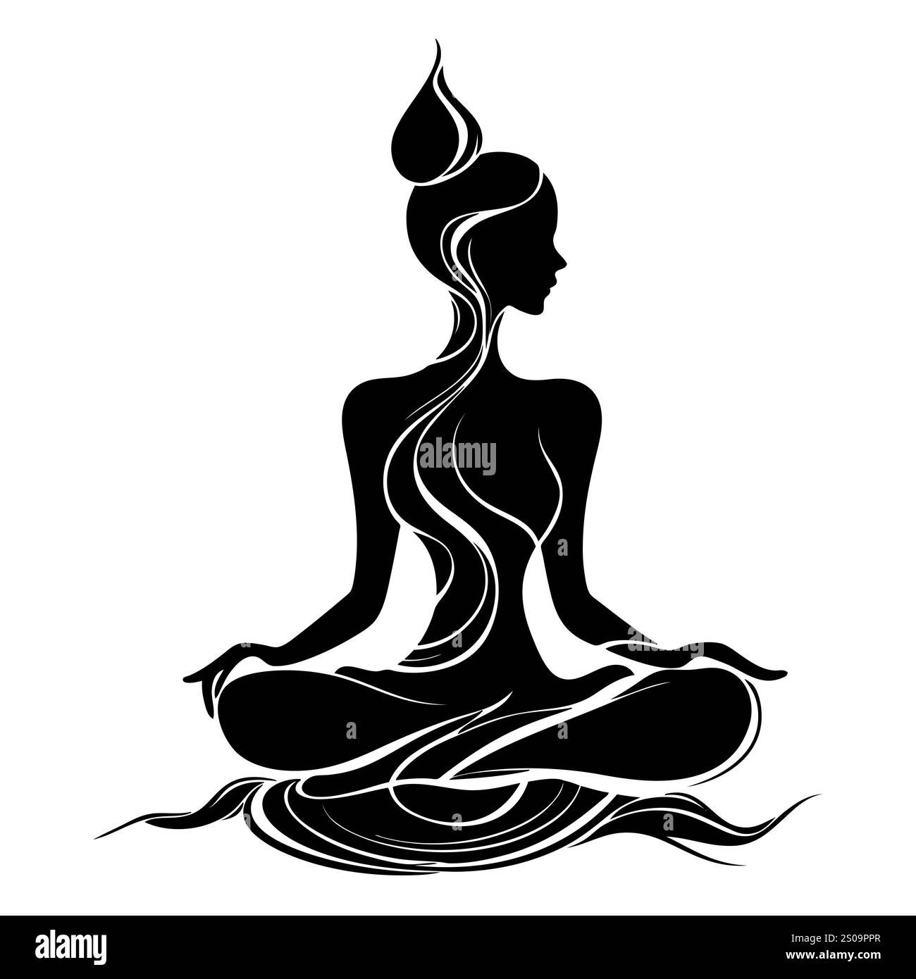 Weibliche Silhuette in Meditation. Friedliche Figur in Yoga-Lotuspose. Modernes und isoliertes Clipart auf transparentem Hintergrund. Stockfoto