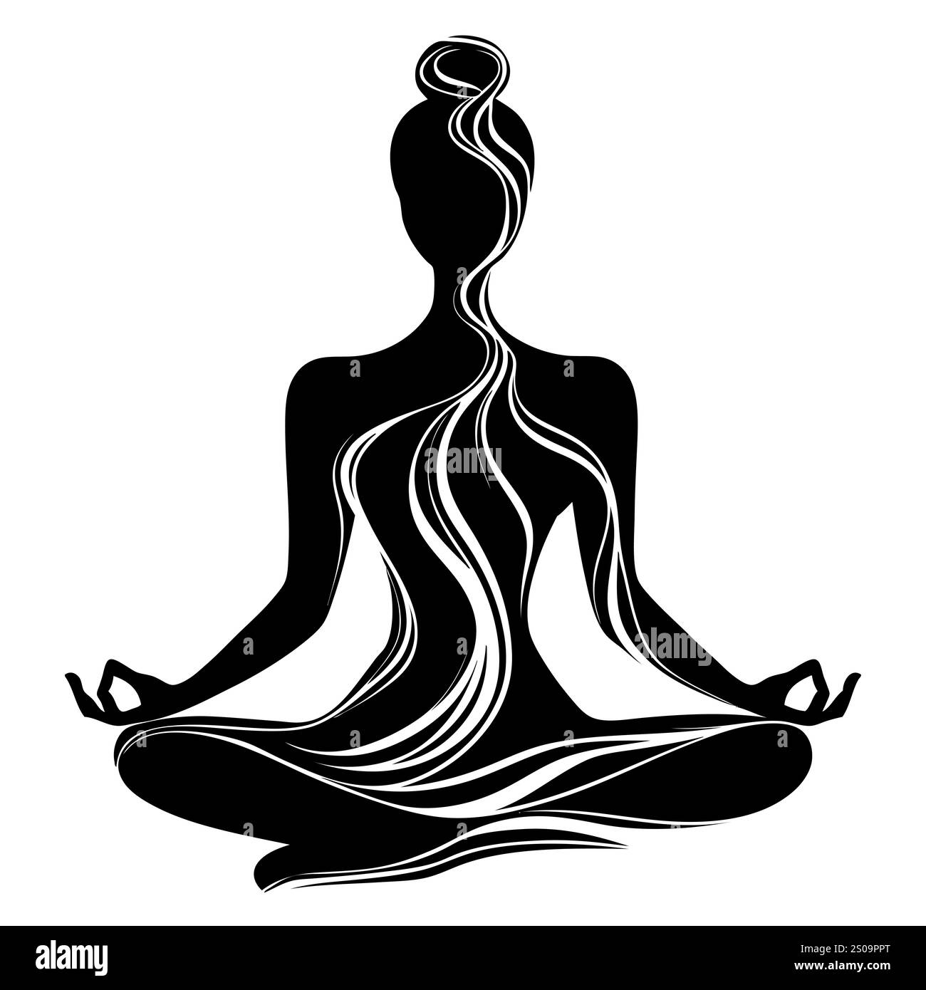 Weibliche Silhuette in Meditation. Friedliche Figur in Yoga-Lotuspose. Modernes und isoliertes Clipart auf transparentem Hintergrund. Stockfoto